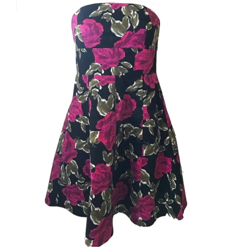 Forever 21 Black Pink Floral Strapless Dress - S